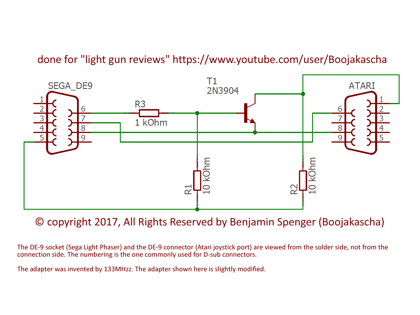 Scheme for a Sega Light Phaser to Atari XG-1 adapter.